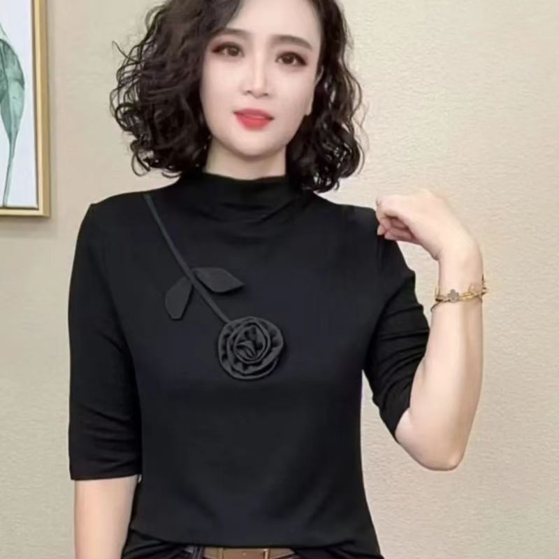 2025新款时尚洋气百搭减龄半高领气质中袖女上衣