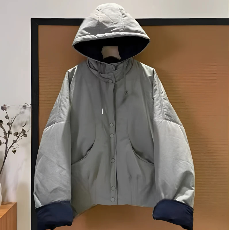 2025连帽撞色夹棉棉服外套秋冬季新款时尚简约百搭保暖女士