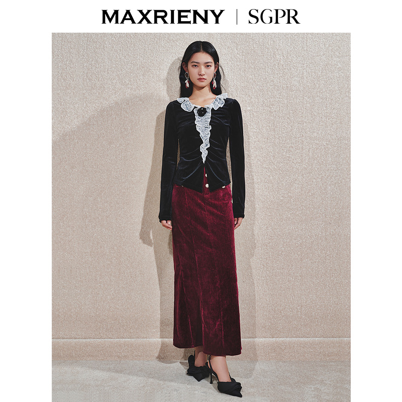 MAXRIENY法式复古赫本风丝绒套头上衣修身显瘦24冬款