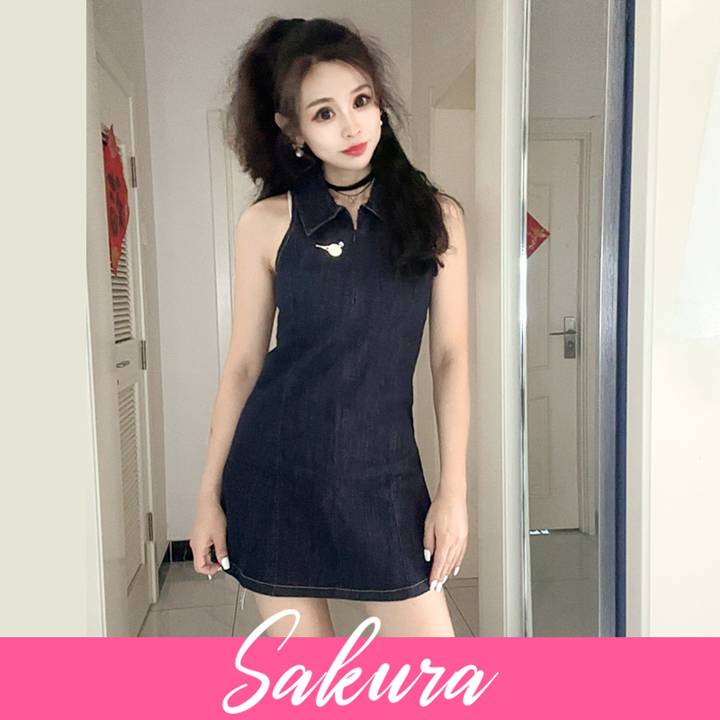 女装2025夏季新款通勤休闲复古学院风无袖牛仔连衣裙ins气质修身