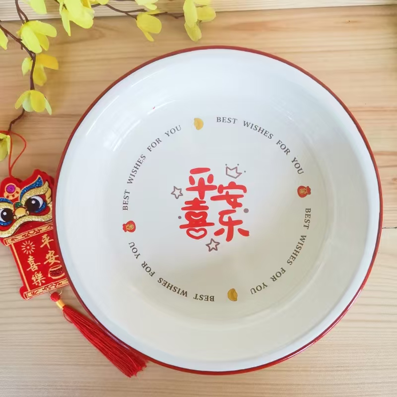 搪瓷盘带盖8英寸 加深加厚餐盘 菜盘 家用热菜盘烤盘披萨盘摔不碎