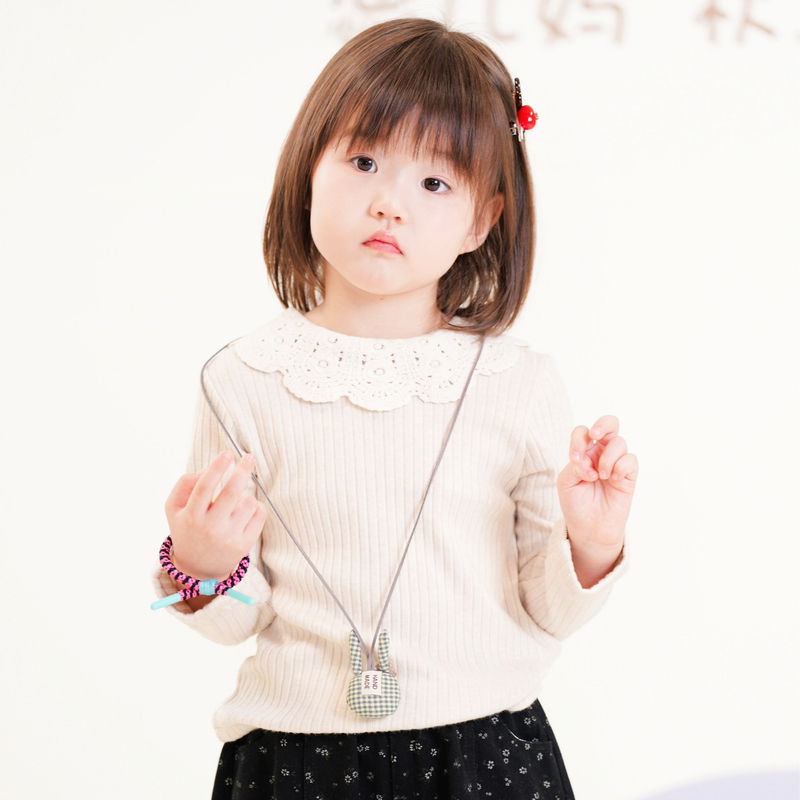 【云朵小葵】女童秋季新款森系纯色蕾丝竖条休闲长袖打底衫991322