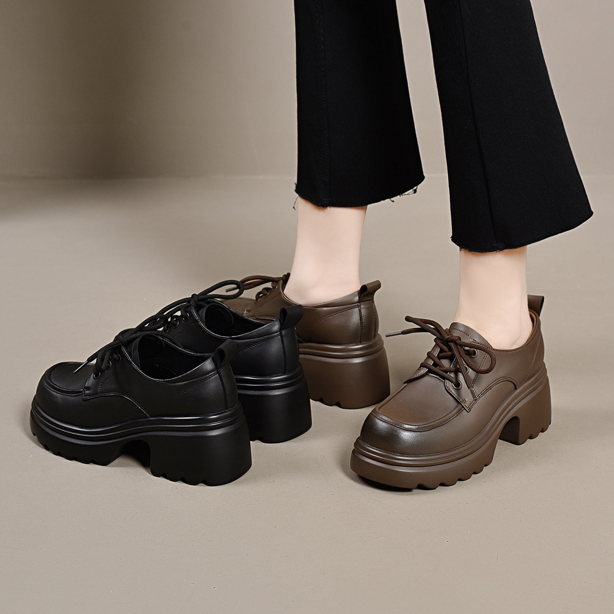 昔子6955乐福鞋新款系鞋带厚底增高单鞋女鞋爆款百搭春秋松糕鞋