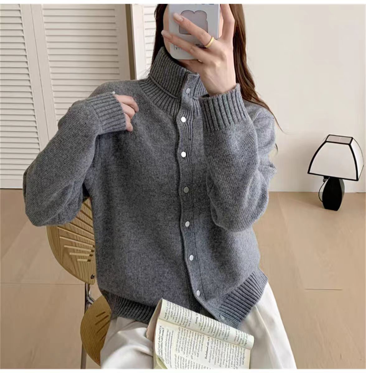 【高领排扣】针织开衫长袖女秋冬新款休闲百搭老钱风毛衣外套潮