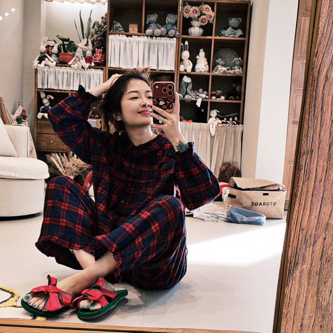 夏小朵 娃娃领格子睡衣套装 复古时尚简约休闲小众套装