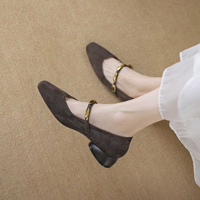 2025新款精致绒面秋冬法式粗跟高跟鞋玛丽珍小香风一字带浅口单鞋