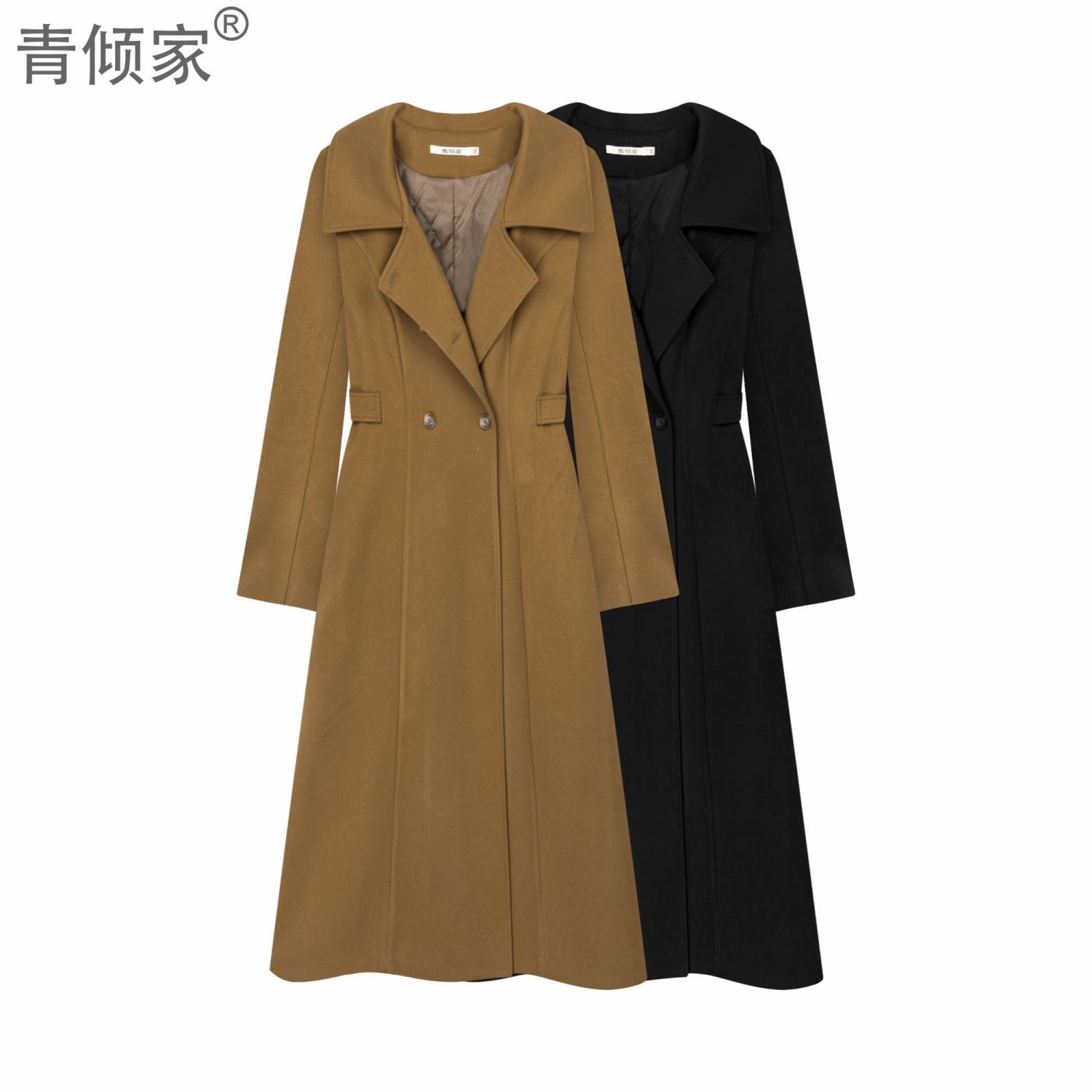 青倾家冬季大衣女中长款新款高端裙摆修身收腰毛呢外套【冬日恋歌