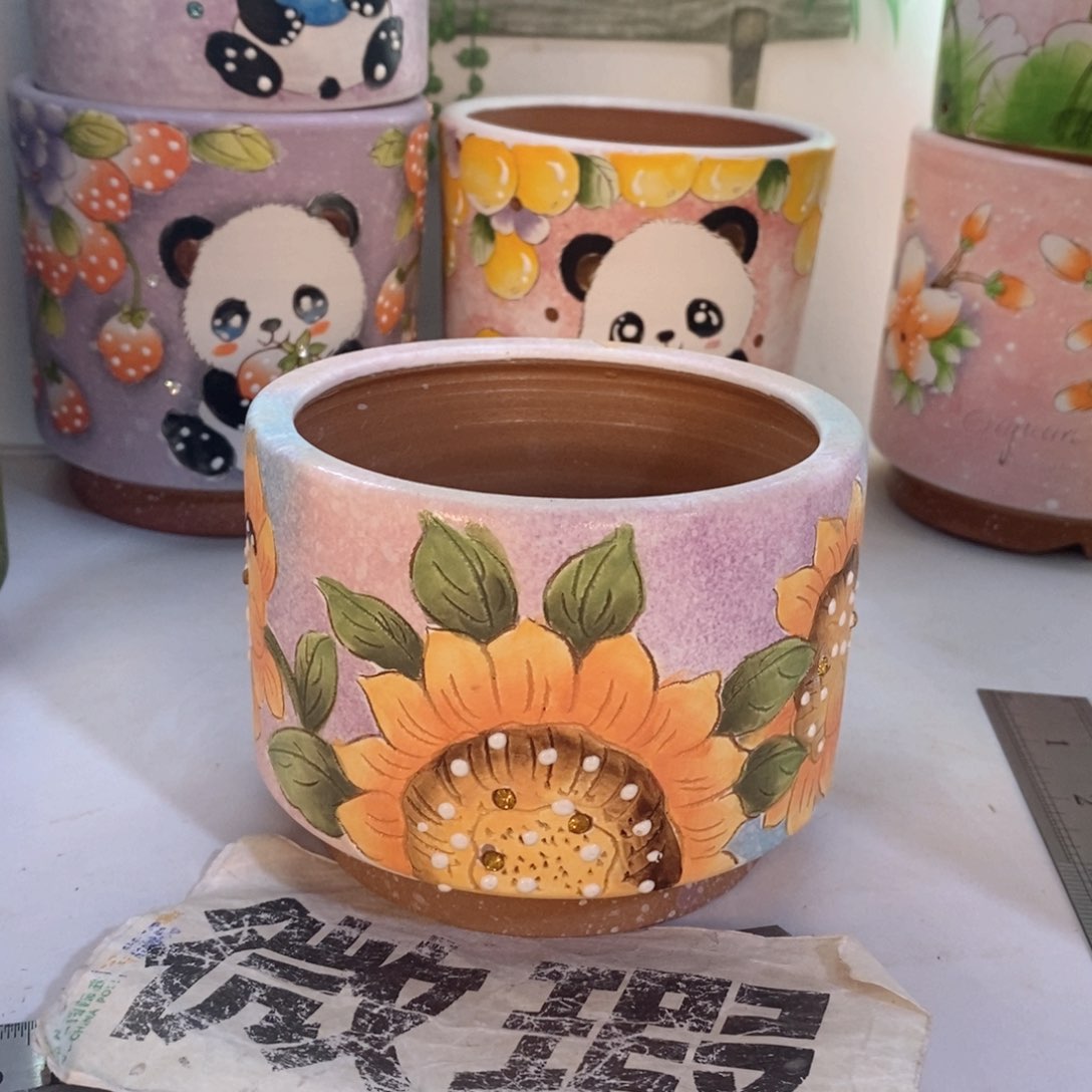 紫砂花盆红陶手绘花盆