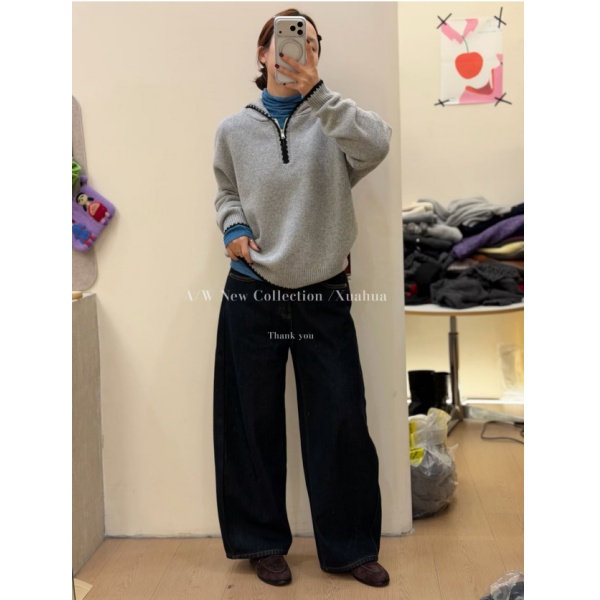 半拉链连帽针织衫女25秋冬宽松显瘦毛衣打底衫