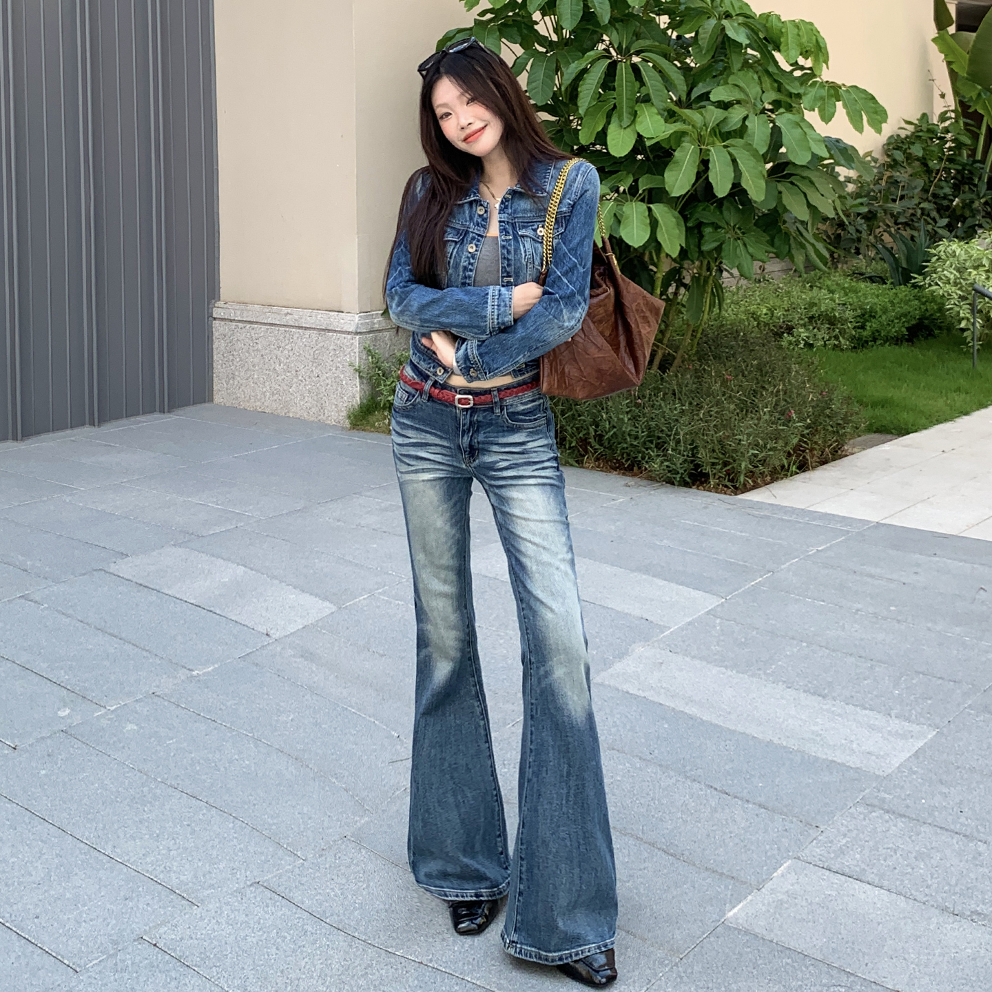 新款美式复古弹力水洗磨白猫须设计微喇裤显瘦百搭加绒/单裤