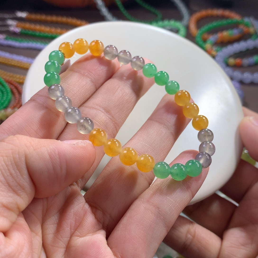 翡翠未镶嵌手链特色复古撞色浓彩多宝单圈 卡6~6.4