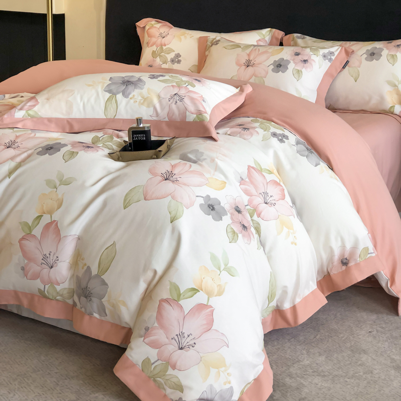 秋冬超柔全棉磨毛四件套加厚纯棉数码印花被套床单田园风床上用品