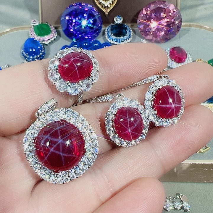 非金属红色蓝色满镶嵌吊坠戒指