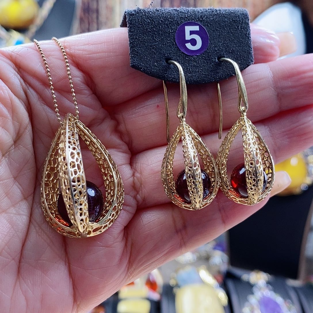 琥珀颈饰银S925镶嵌套装不含链