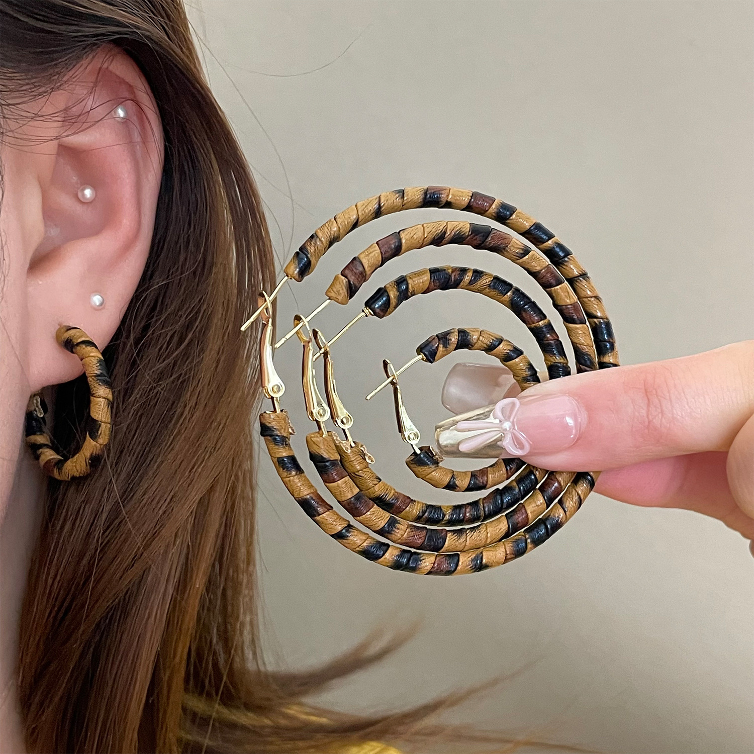 合金皮质耳饰 经典豹纹圈圈925银针耳扣欧美复古时尚气质耳环百搭