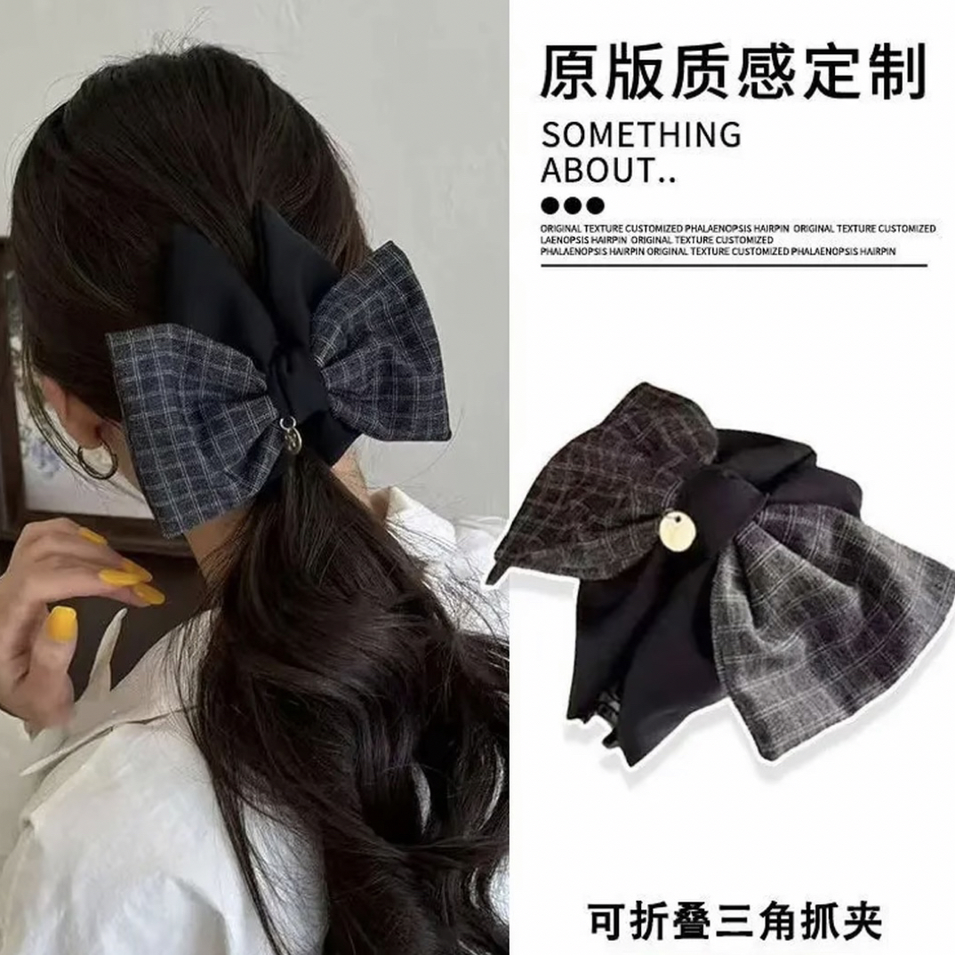 可折叠双层蝴蝶结格纹三角抓夹女秋冬饱满后脑勺鲨鱼夹复古发夹