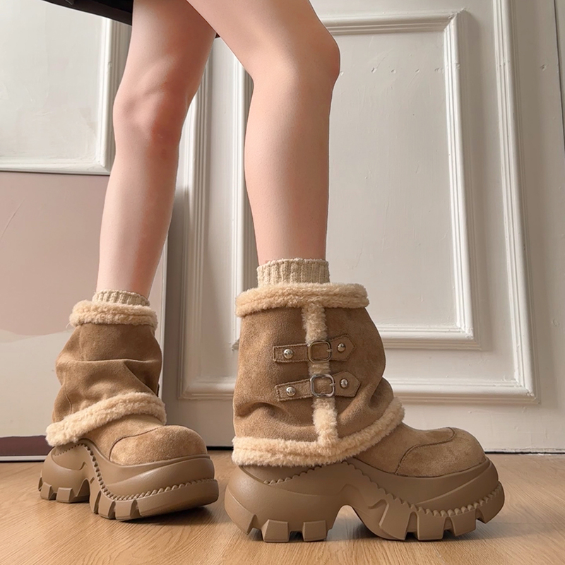 厚底中筒雪地靴女款2025新款冬季皮毛一体加绒阿勒泰保暖毛毛棉鞋
