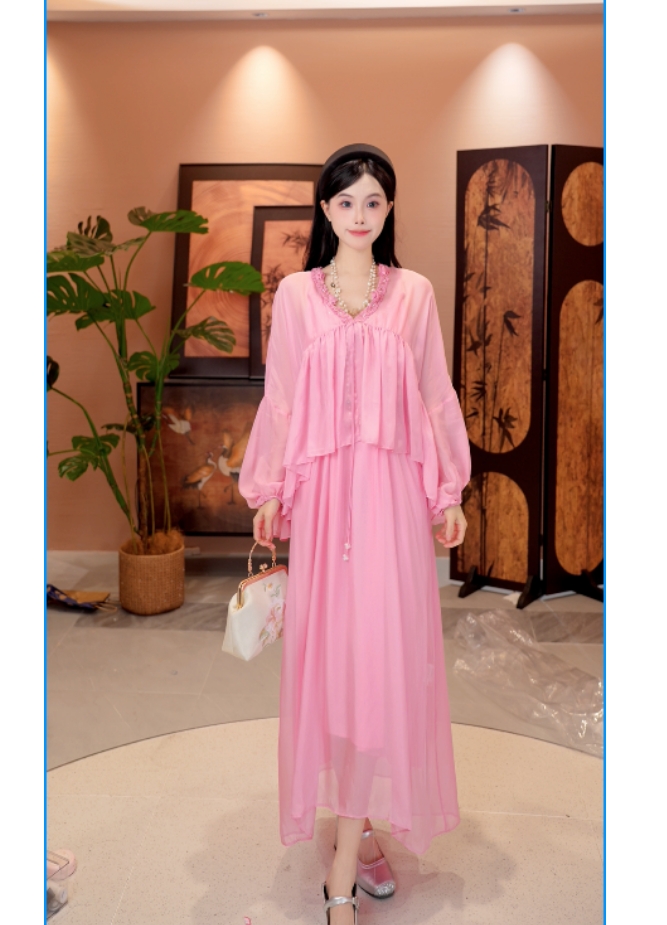 [粉玫瑰]H6227法式时尚真丝桑蚕丝两件套时尚显瘦连衣裙 妮妮