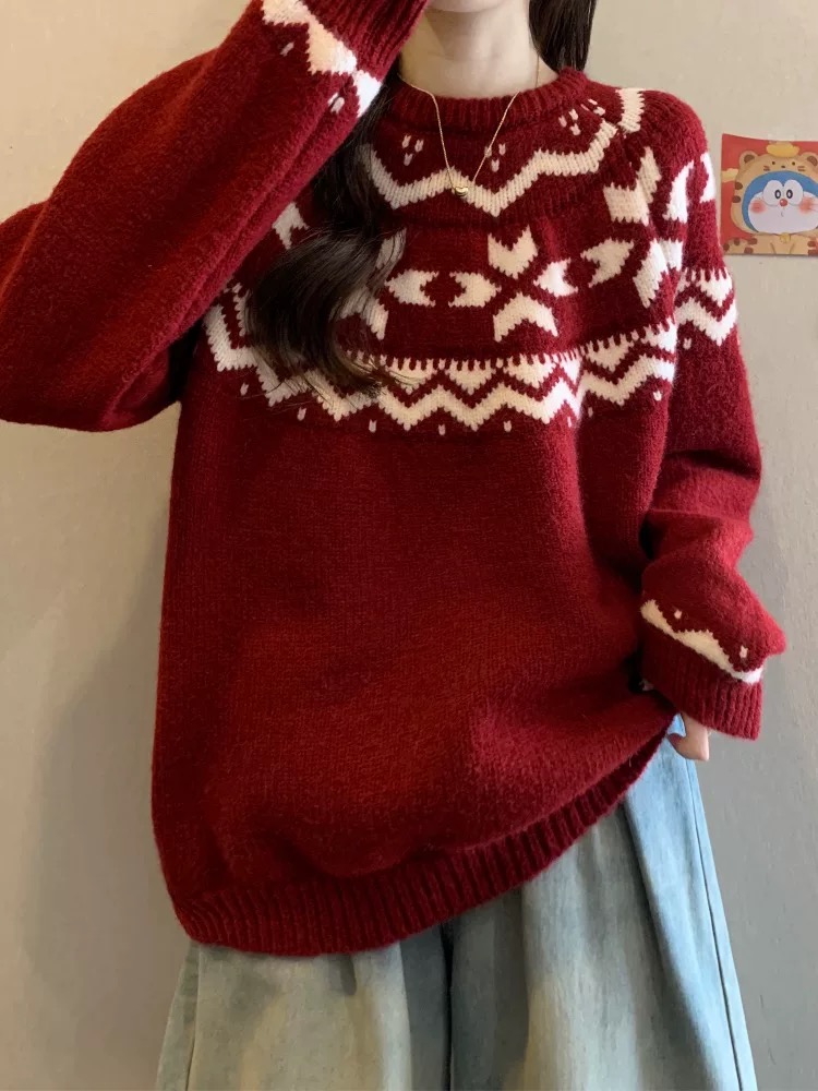 【B351-B400】秋冬新款加厚复古提花针织衫上衣