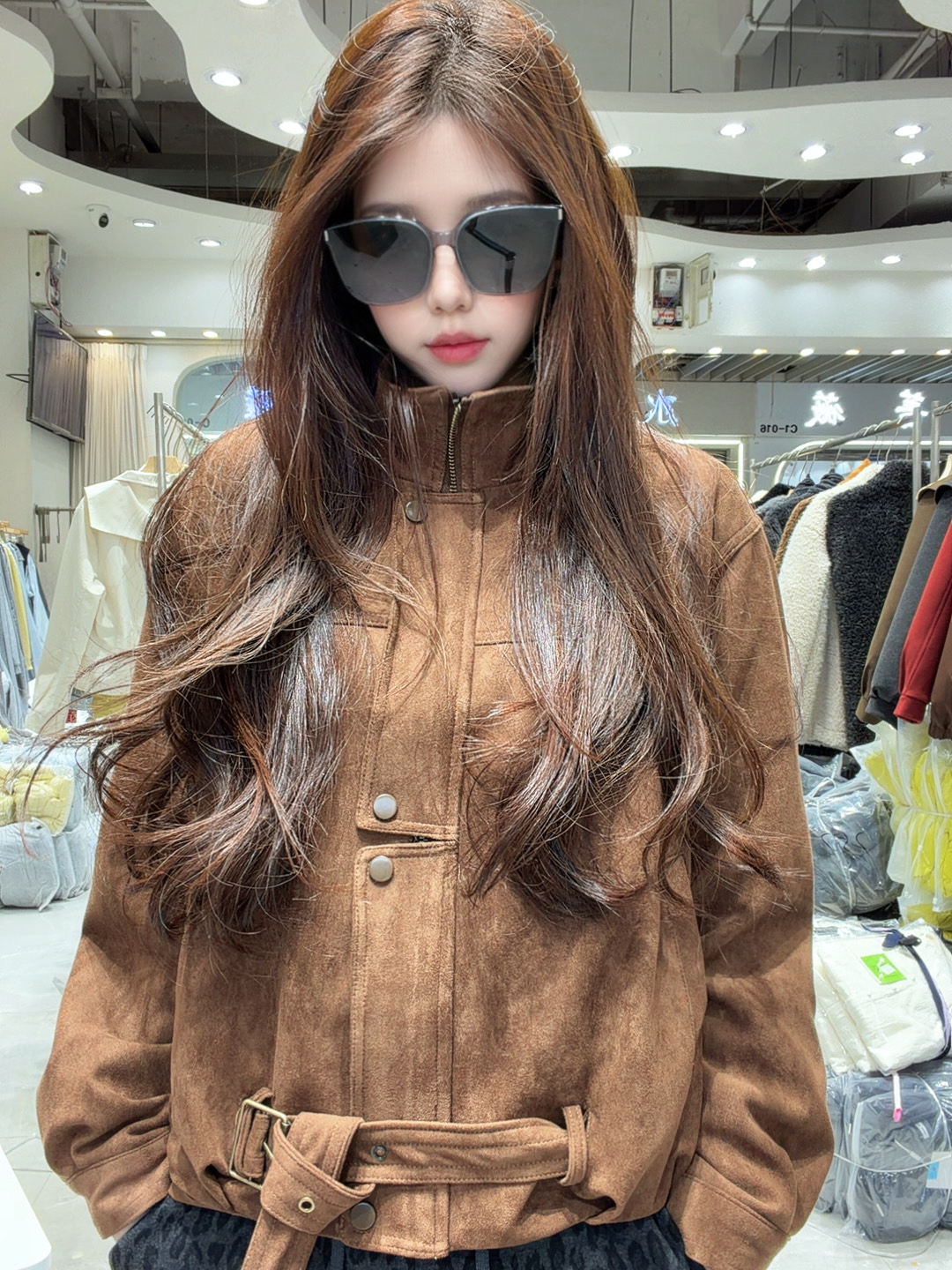 复古休闲立领系带时尚气质夹棉麂皮绒酷飒风新款外套