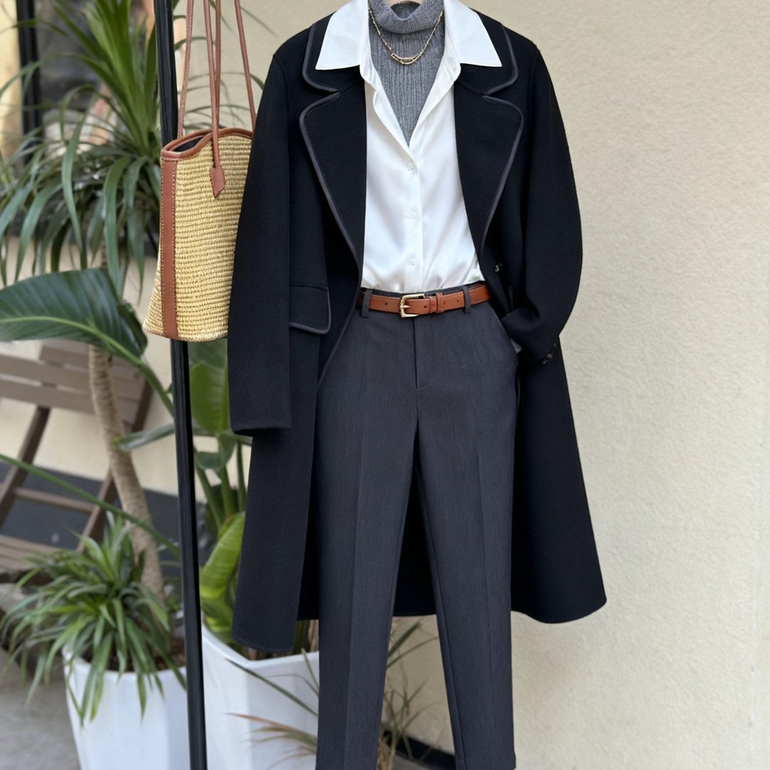 双面翻领手缝秋冬气质双面呢大衣