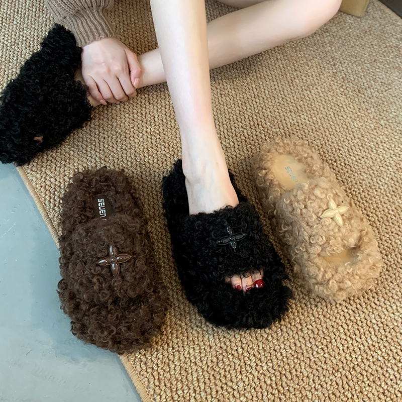 爆款羊羔毛毛拖鞋女外穿秋冬款2025年新款厚底增高懒人一字棉拖鞋