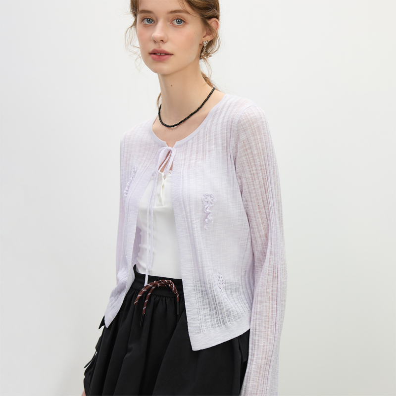 范思蓝恩立体花朵绑带微镂空针织开衫新款甜美夏日防晒25FS12022