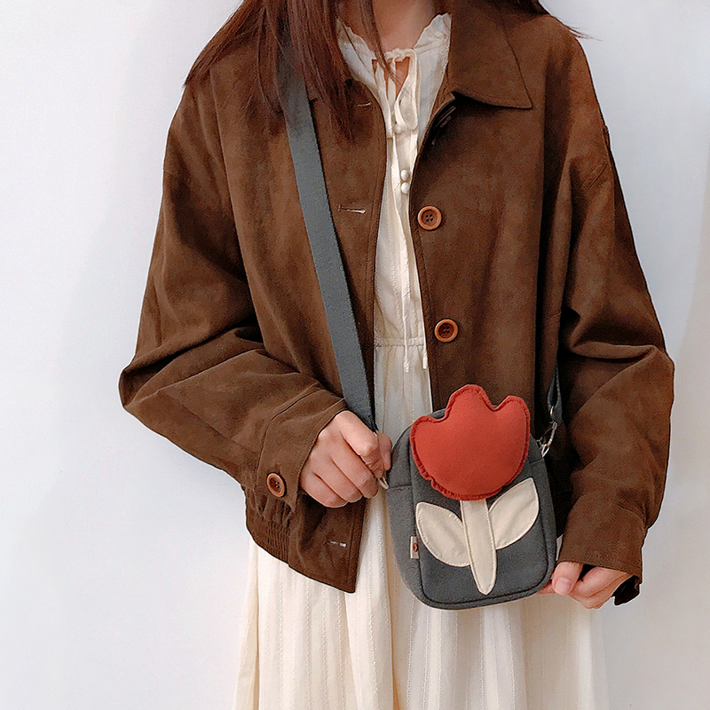 三色补丁郁金香帆布小挎包女时尚小清新百搭帆布包学生单肩斜跨包