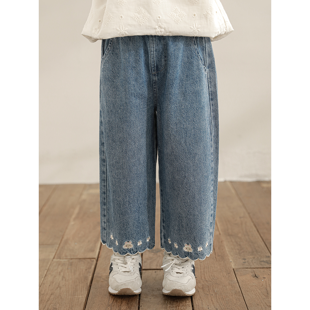 幼悠女童秋装小兔刺绣女孩牛仔裤复古宝宝儿童百搭休闲裤子C3108