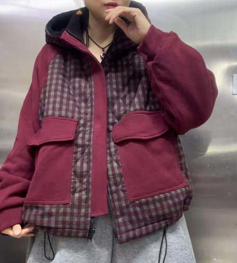 两面加绒加厚百搭拼格子外套028116