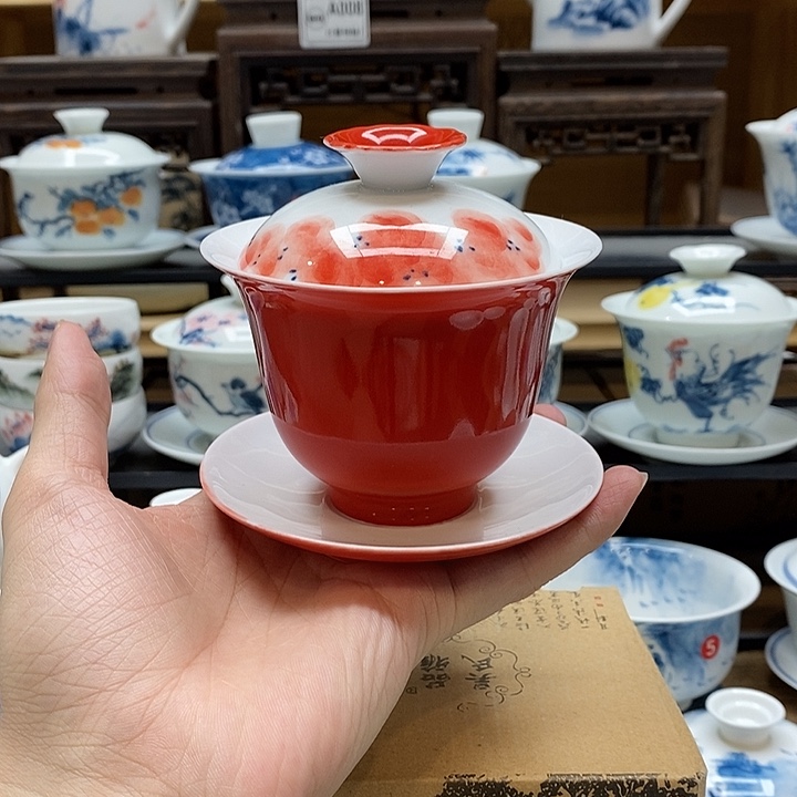 手绘龙船花160cc三才盖碗釉下彩微瑕福利款