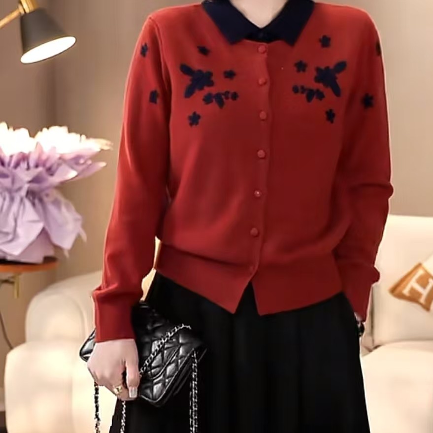常规洋气毛针织衫百搭针织轻熟风翻领印花网红针织衫长袖