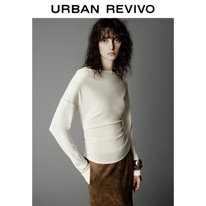 UR2025冬季新款女装气质荡领纯色褶皱长袖T恤UWG450206
