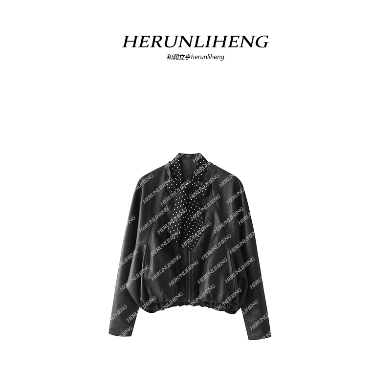 短款皮衣女春季新款波点飘带小个子宽松休闲时尚蛋白皮外套