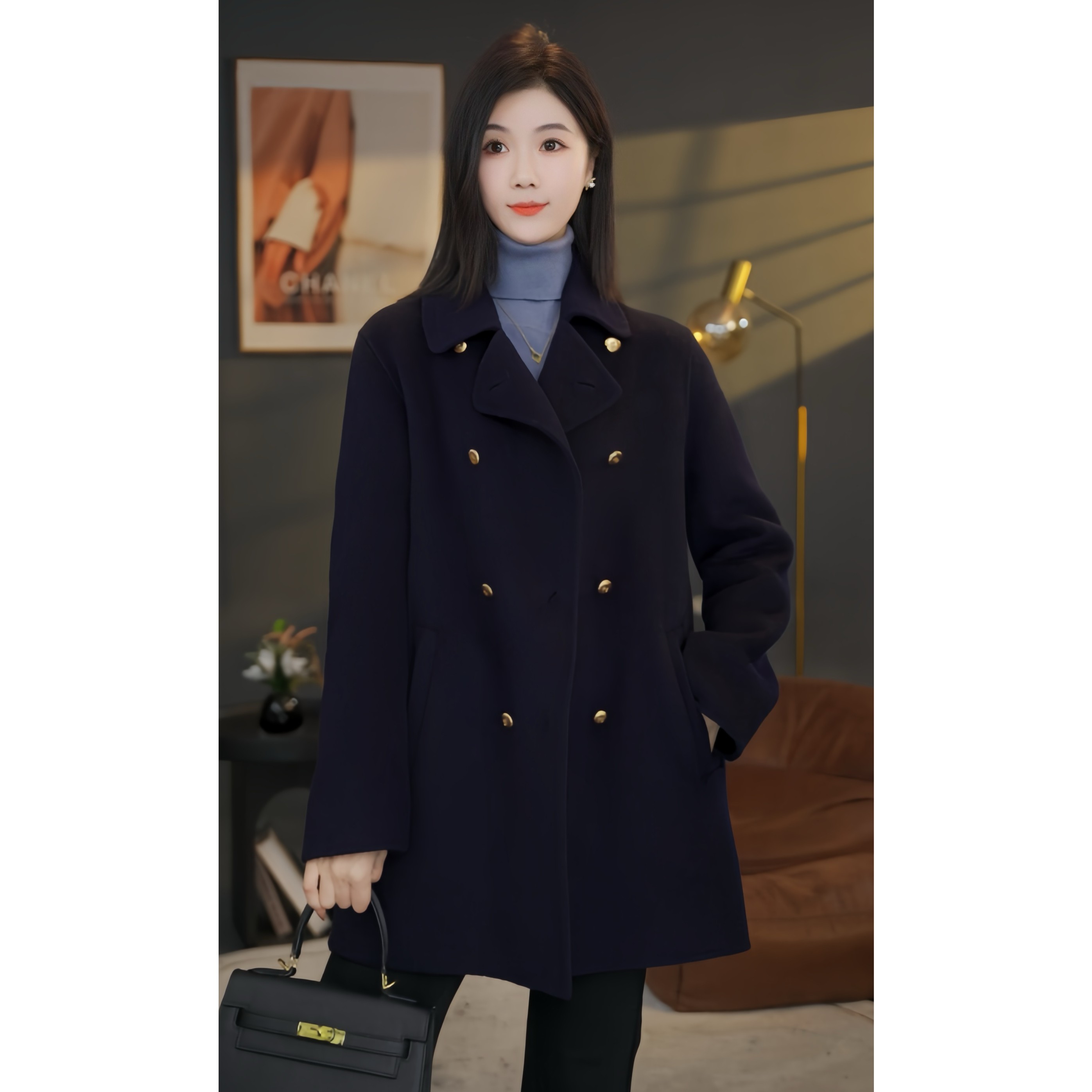 【小北甄选】8584414海军蓝曼贝秋冬新款高端百搭长袖双面羊绒大衣