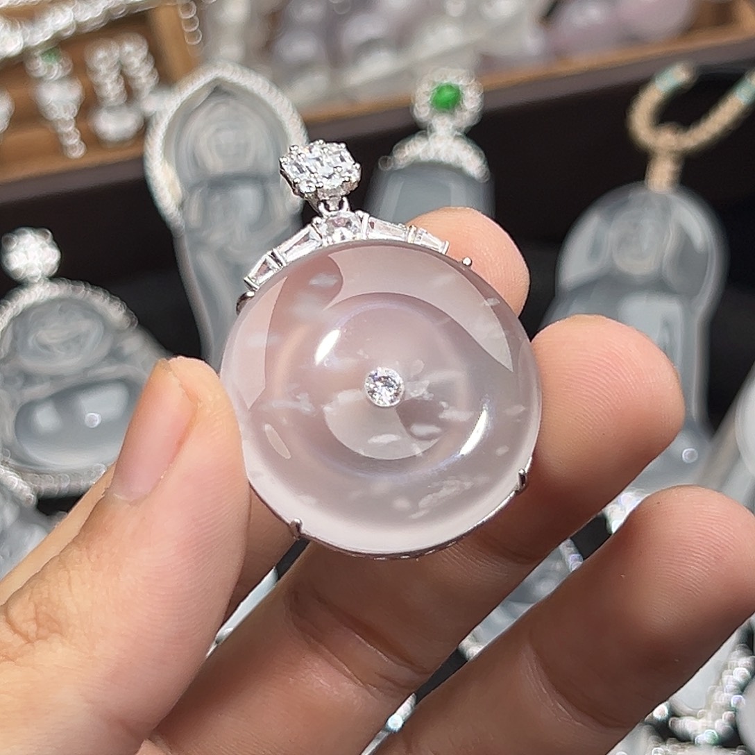 石英质玉银S925镀金镶嵌吊坠(赠链)雪花平安扣