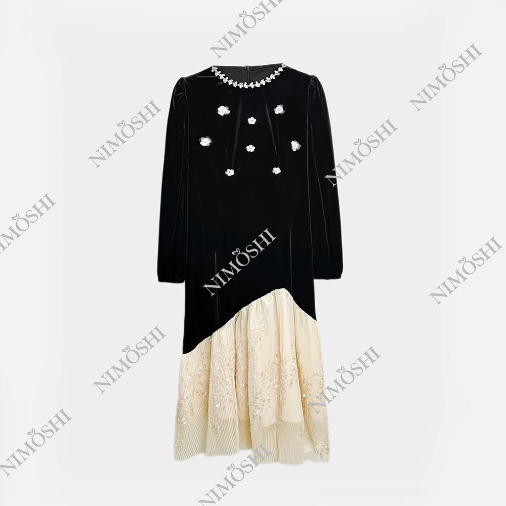 NIMðSHI【子杉】新款时尚轻奢小众镶钻气质显瘦款连衣裙女Q1005