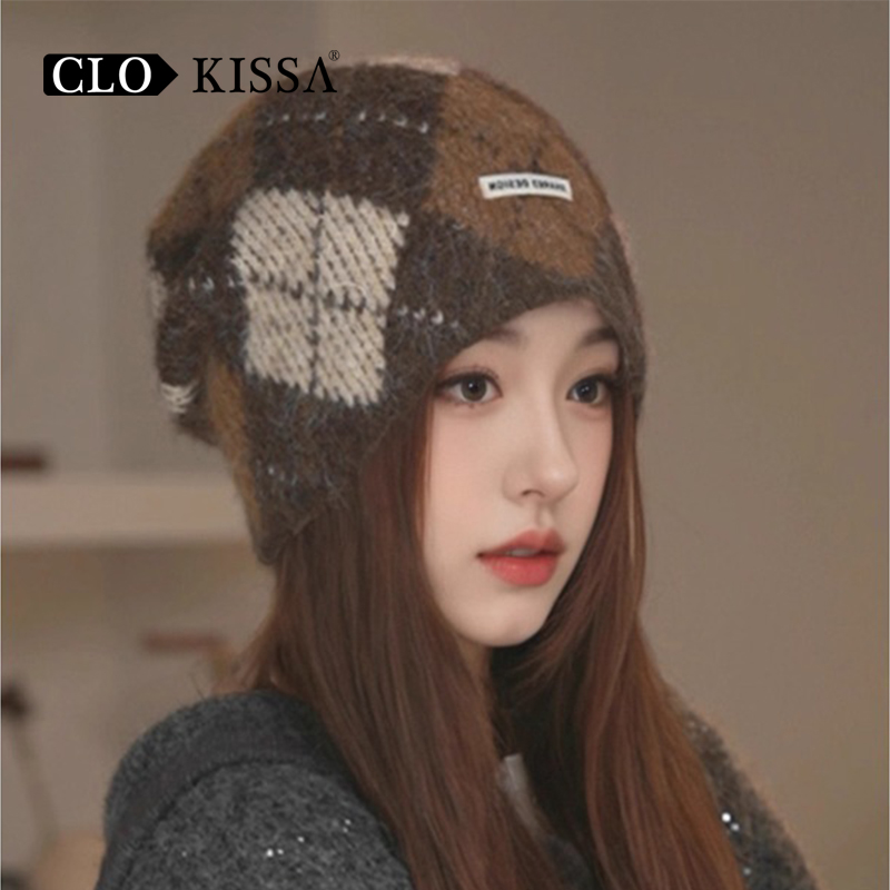 韩系小众复古高级感菱格堆堆帽子女冬季新款保暖显脸小包头帽围脖