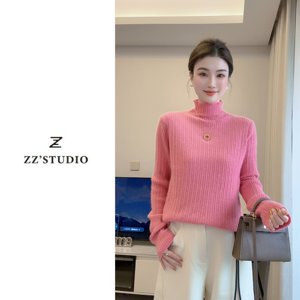 郑郑定制#秋冬新款高级感温柔细闪半高领遮肉显瘦针织打底衫067