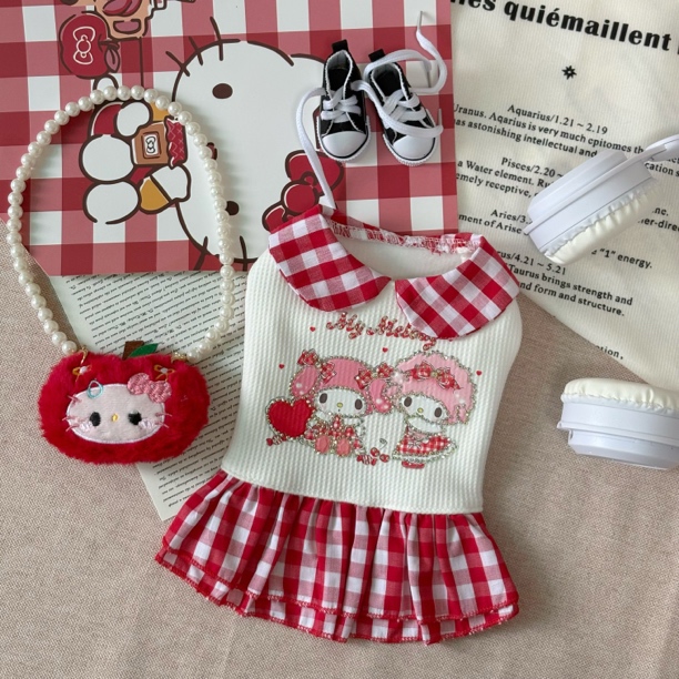宠物衣服闪钻华夫格加绒格子裙秋季新款美乐蒂猫咪狗狗小型犬