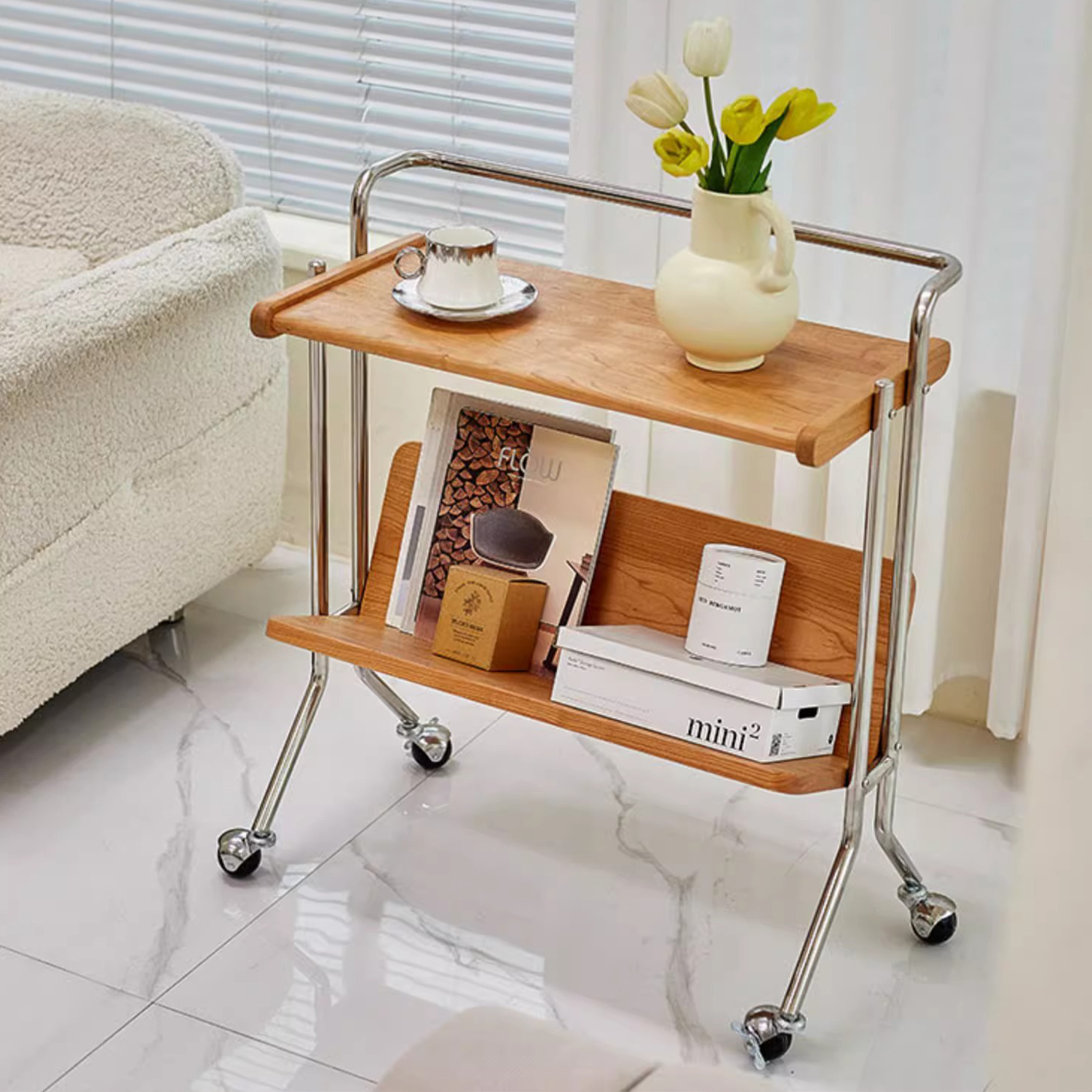 北欧实木复古可移动小推车沙发边几客厅茶几杂志书架置物架