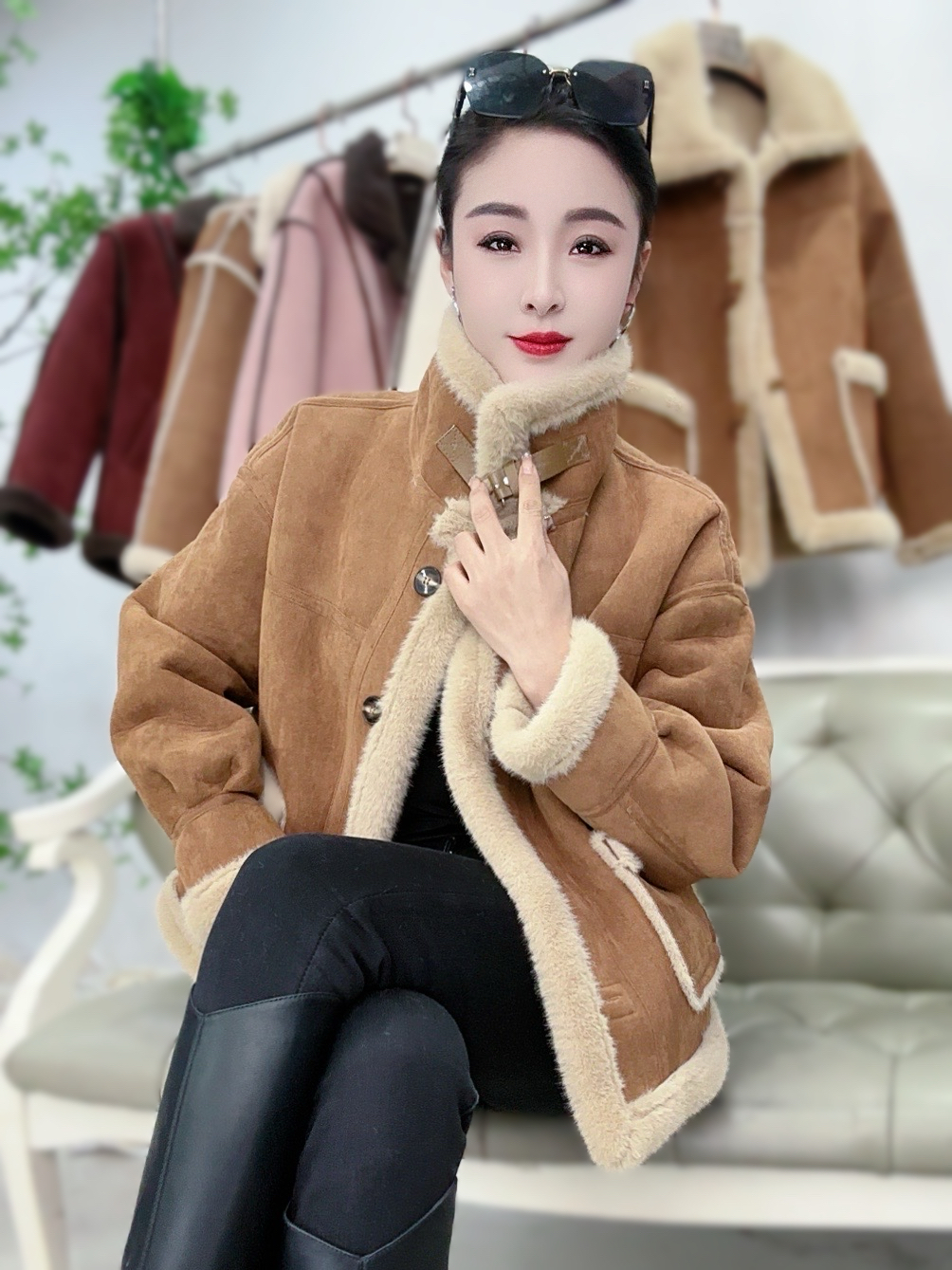 新款短款百搭欧货翻领加绒女士加厚时尚上衣机车服女01