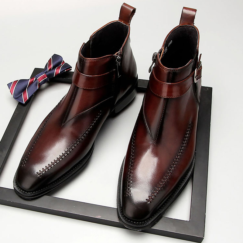 固特异手工高帮皮鞋男尖头马丁靴男真皮靴子潮流短靴皮靴中帮男靴