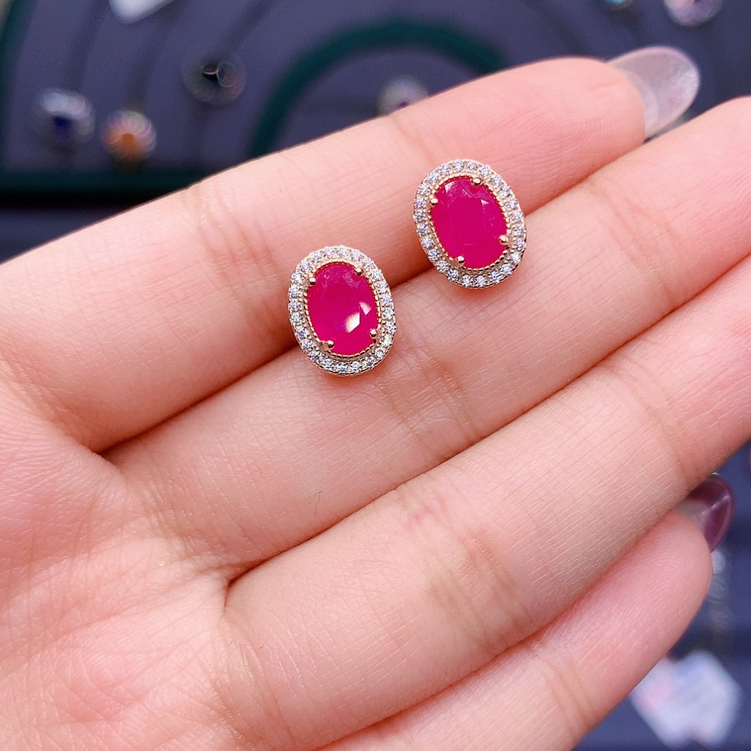 红宝石耳饰银S925镶嵌