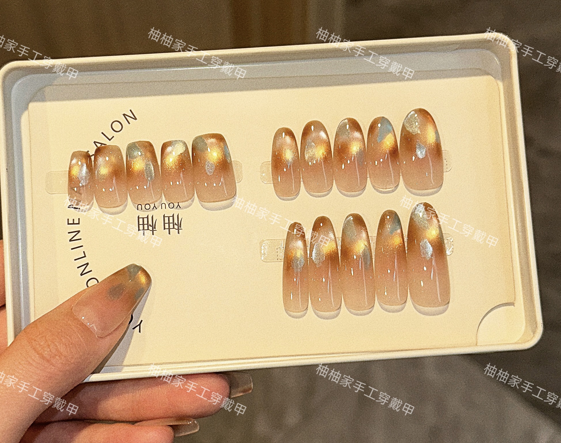 【玳瑁琥珀】纯手工腮红秋季热销新款浅棕猫眼气质温柔可拆卸穿戴甲