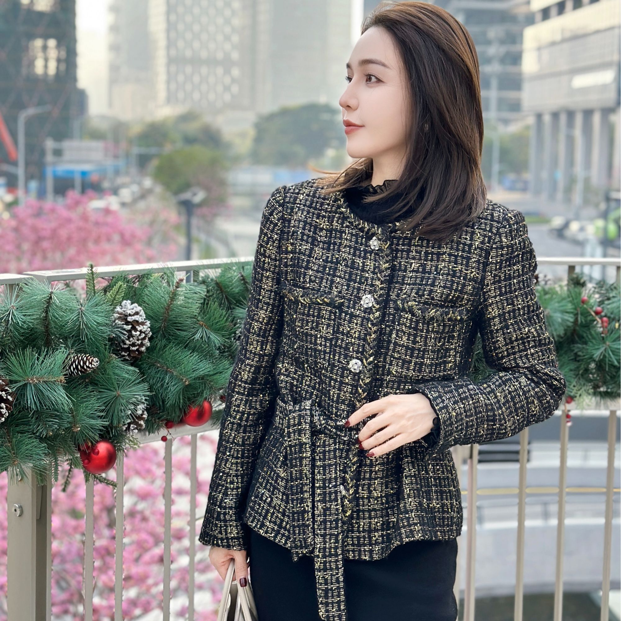 JESSICA WU轻奢高级黑金编织粗花呢金属扣系带收腰小香风外套