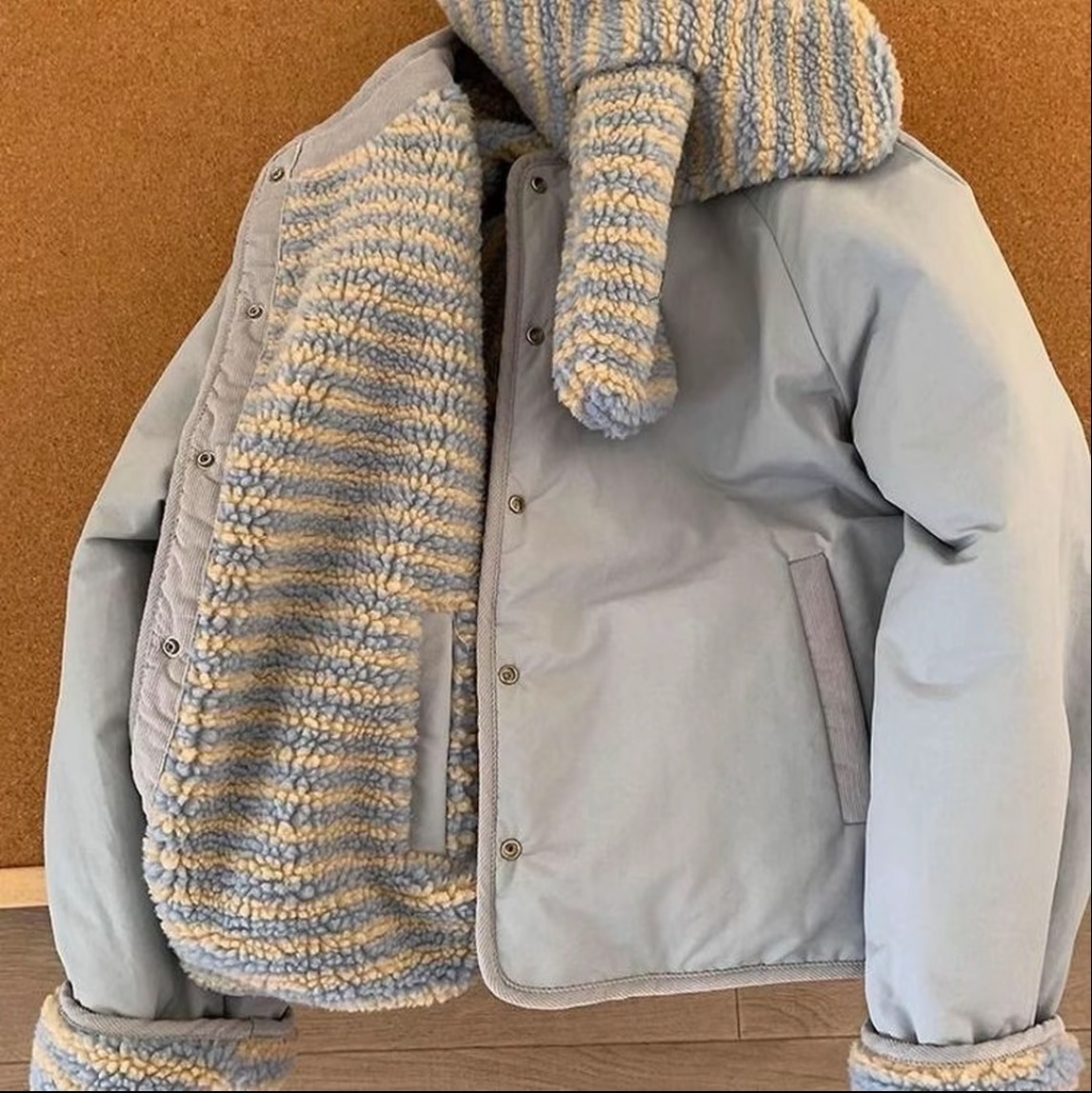 韩系休闲两面穿外套女短款配围巾秋冬季新款小众宽松圆领保暖上衣