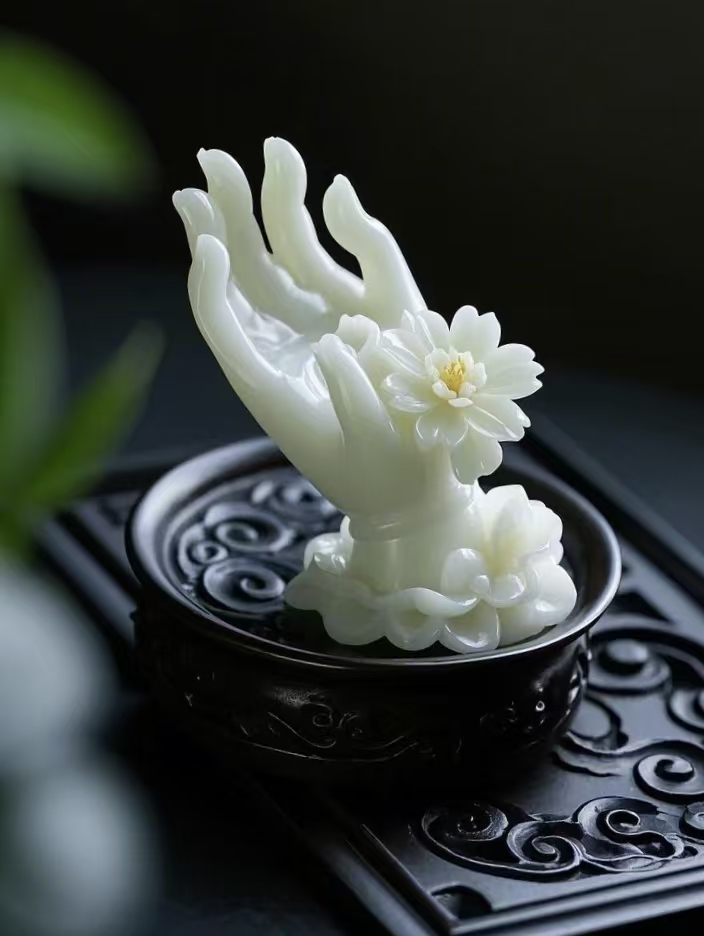 【澜玉珍藏】新疆和田玉白玉摆件 芊芊玉手