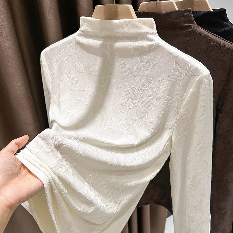 2025秋冬新款德绒提花时尚加绒打底衫高弹半高领修身内搭修身上衣