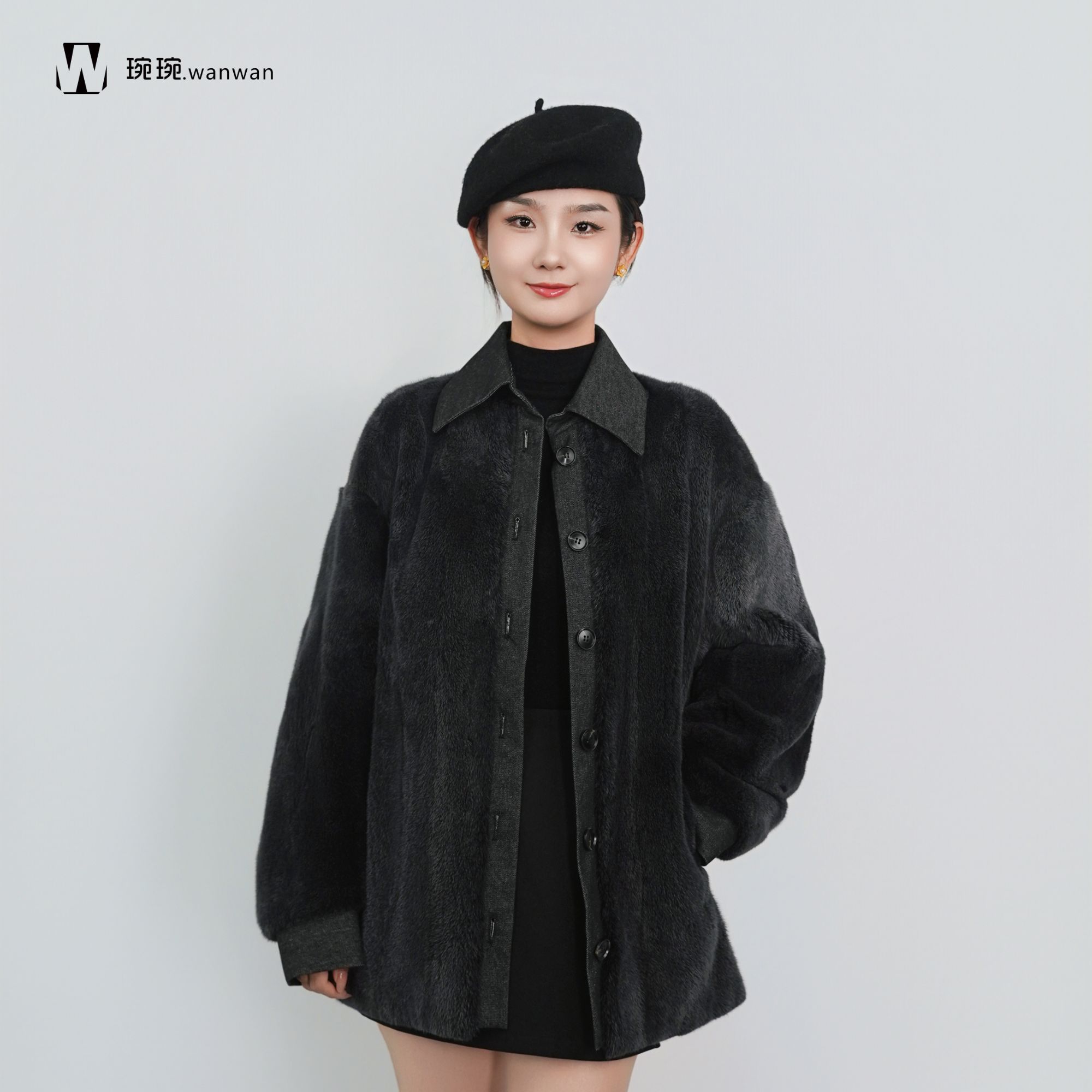 三髦【琬琬.wanwan】“星辰黑衬衫款”原创设计师水貂皮草外套